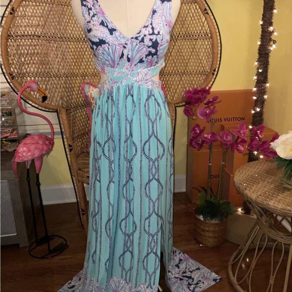 Lilly Pulitzer Marcia Maxi Dress 🦄 Aqua A Frayed Knot Size 2 - Picture 2 of 14